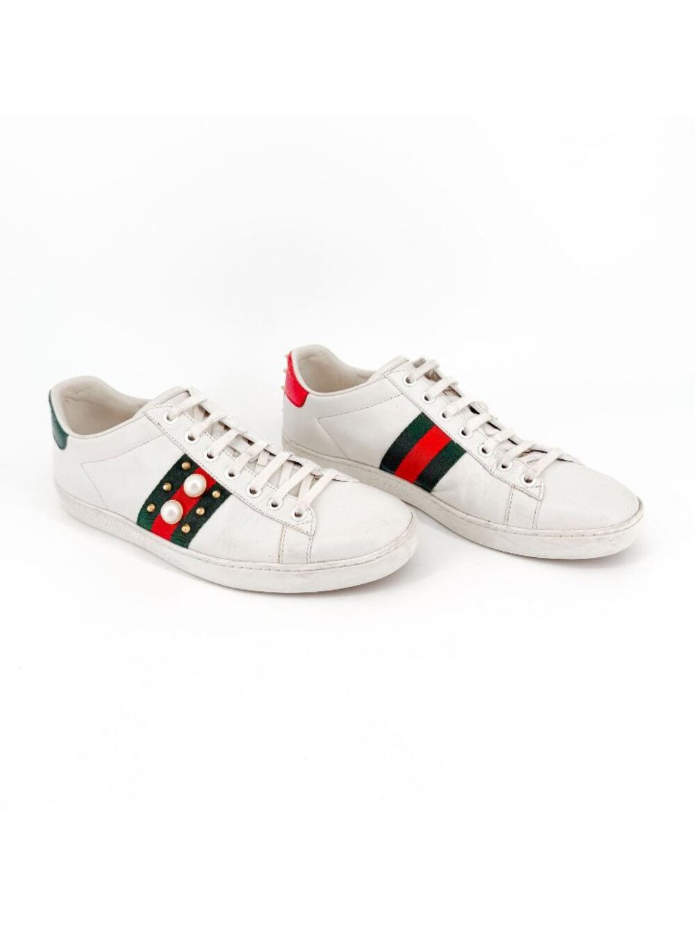 Gucci Pearl-Embellished Ace Sneakers White Leather Size 38.5 US 8.5 Women's